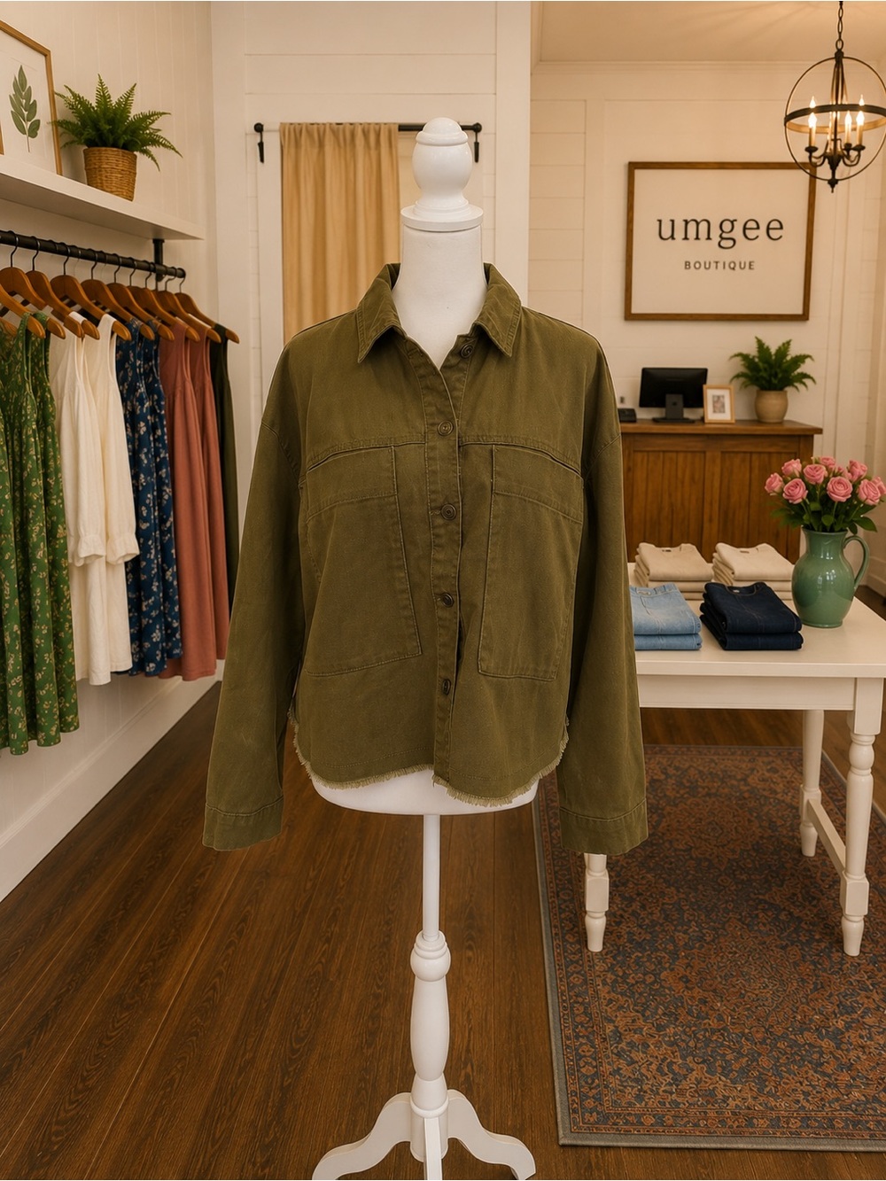 Kensie Jeans Vintage Lux Olive Utility Jacket Large NWT Raw Hem Shacket